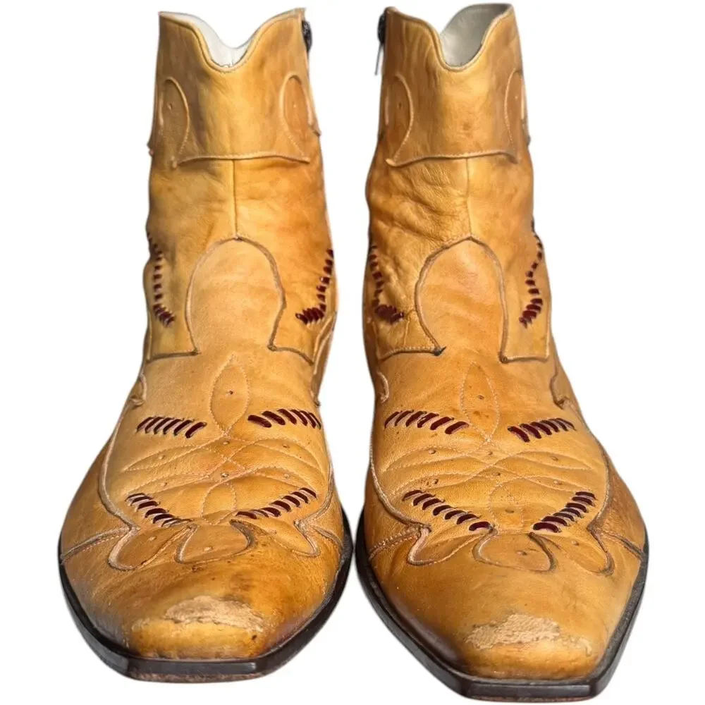 Vintage Jo Ghost Italian Western Cowboy Ankle Boots Tan Leather Size 45 11.5-12